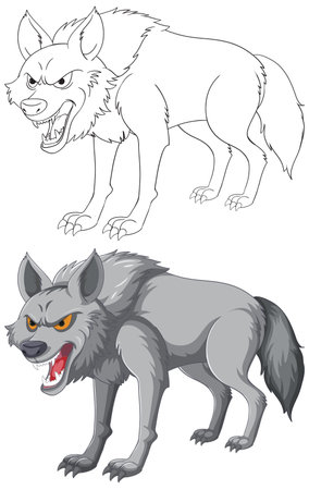 Two images of a wolf, one colored and one line art.のイラスト素材