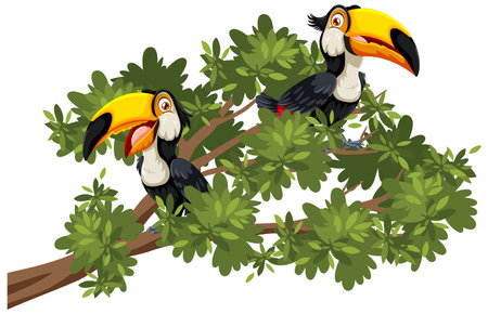 Colorful toucans sitting among vibrant green leavesのイラスト素材
