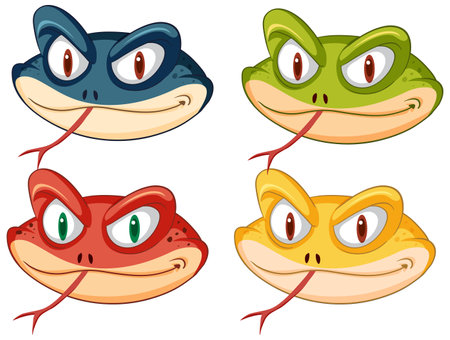 Four vibrant frogs with expressive facesのイラスト素材