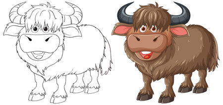 Colorful and outlined yak drawings side by side.のイラスト素材