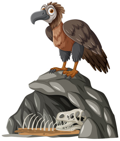 Illustration of a vulture atop rocks with bonesのイラスト素材