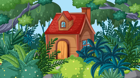 Cozy house surrounded by dense, vibrant foliage.のイラスト素材