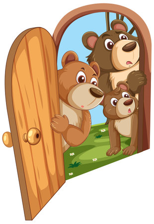Three cartoon bears peeking through an open door.のイラスト素材