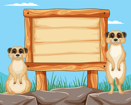 Two meerkats standing next to a blank signboard.のイラスト素材