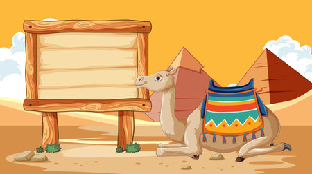 Cartoon camel beside a sign in the desertのイラスト素材