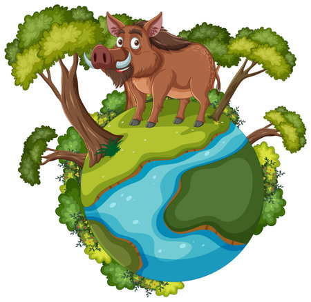 Cartoon boar standing atop a small, green planet.のイラスト素材
