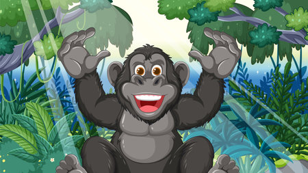 Happy gorilla with raised hands in a forestのイラスト素材