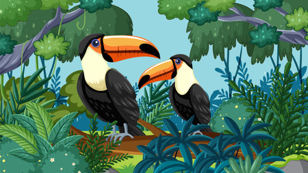 Two toucans perched in a vibrant jungle scene.のイラスト素材