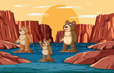 Three cartoon bears by the river at dusk.のイラスト素材