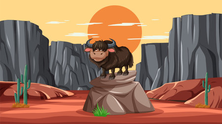 Cartoon yak standing on a rock during sunsetのイラスト素材