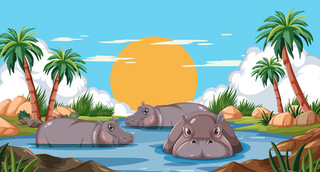 Three hippos in water under a sunset sky.のイラスト素材