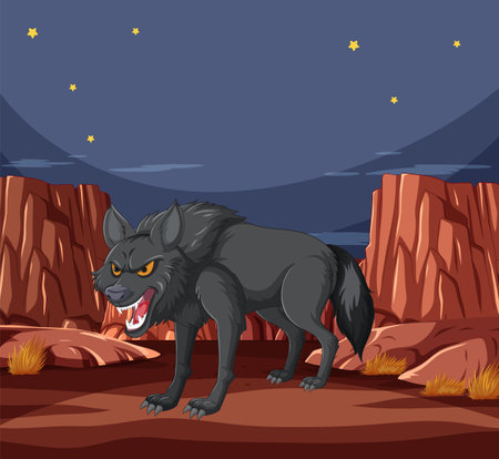 Angry black wolf under a starry night skyのイラスト素材