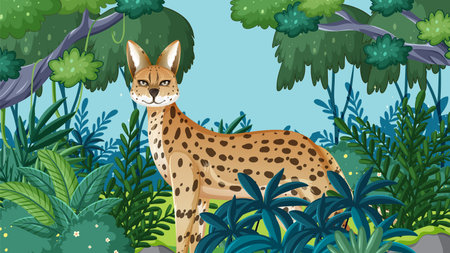 Vector illustration of a serval in a dense forestのイラスト素材