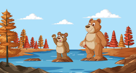 Two cartoon bears standing near a river in fall.のイラスト素材