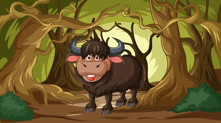 Cartoon yak smiling in a lush forest setting.のイラスト素材