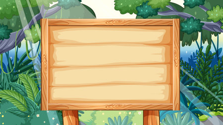 Blank wooden signboard in a lush forest settingのイラスト素材