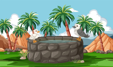 Two birds perched on a well in a tropical settingのイラスト素材