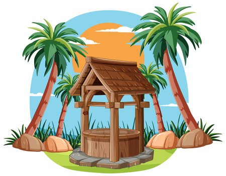 Illustration of a well amidst tropical palms at sunset.のイラスト素材