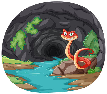 Cartoon snake smiling at a dark cave entrance.のイラスト素材