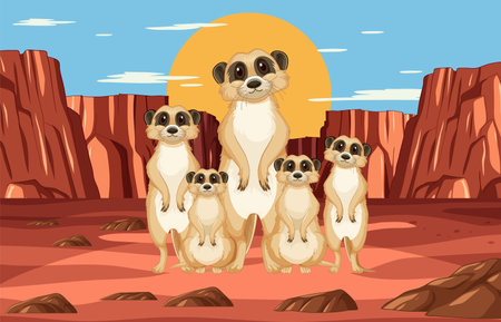 Group of meerkats standing together in desert settingのイラスト素材
