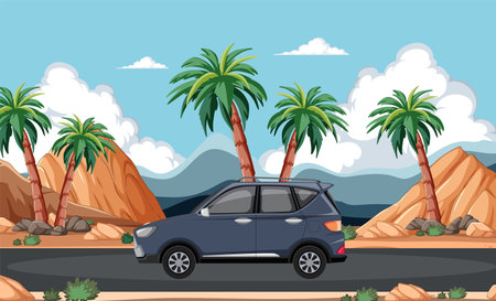 Blue car driving through a desert landscape.のイラスト素材