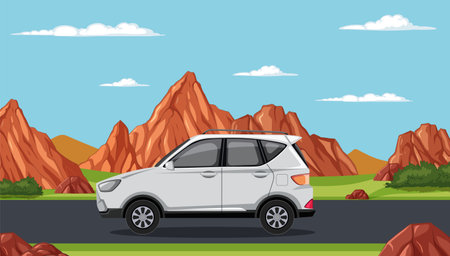 White SUV parked in a scenic desert setting.のイラスト素材