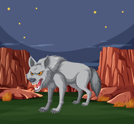 An aggressive wolf stands among rocky terrain.のイラスト素材