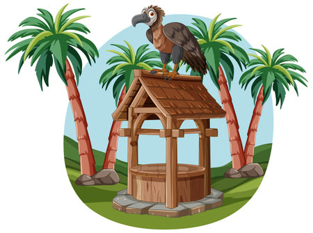 Cartoon vulture on a wooden well with palm trees.のイラスト素材