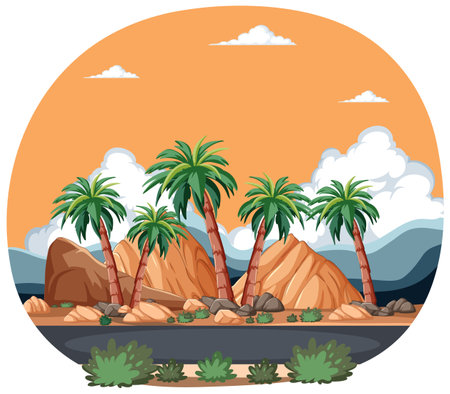 Palm trees and rocks under a sunny sky.のイラスト素材