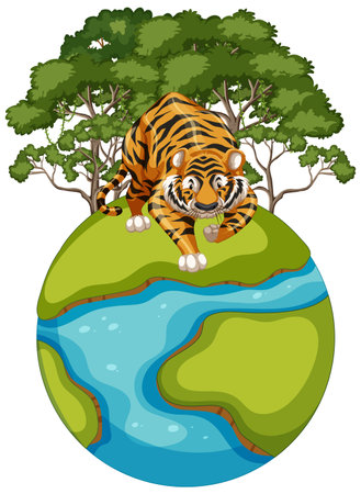 Illustration of a tiger atop a stylized Earth.のイラスト素材