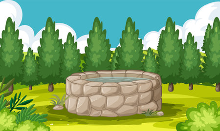 Vector illustration of a stone well in a forest.のイラスト素材