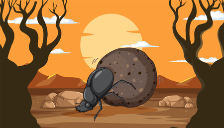 Vector illustration of a dung beetle pushing dungのイラスト素材