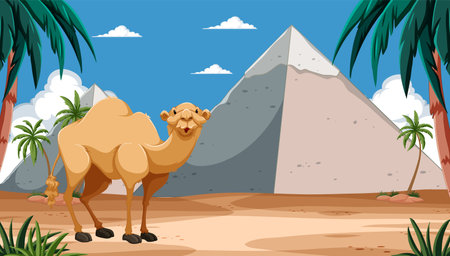 Cartoon camel standing near pyramid and palms.のイラスト素材