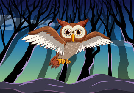 Owl flying at night with forest backdropのイラスト素材