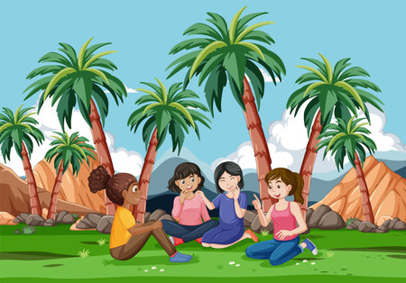 Group of friends enjoying a sunny day outdoors.のイラスト素材