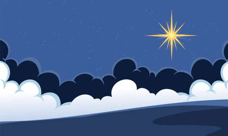 Vector illustration of a star shining over clouds.のイラスト素材