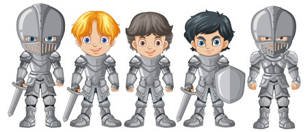 Five cartoon knights in armor, ready for actionのイラスト素材