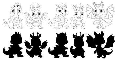 Six playful dragon illustrations, black and whiteのイラスト素材