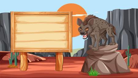 Cartoon hyena stands next to a blank signboardのイラスト素材