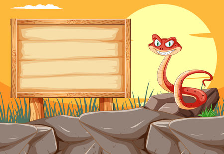 Cartoon snake beside a blank wooden signのイラスト素材