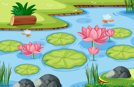 Colorful vector of a peaceful lotus pond sceneのイラスト素材