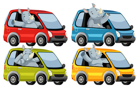 Four elephants in various colored carsのイラスト素材