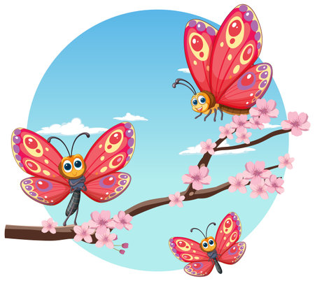 Three vibrant butterflies with cherry blossomsのイラスト素材