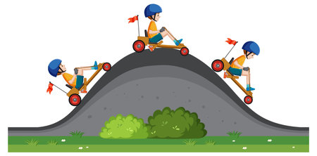 Three kids enjoy a cart race on a grassy hillのイラスト素材