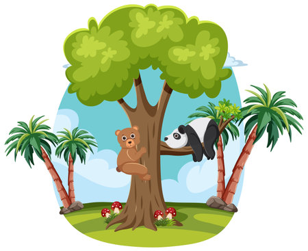 Bear and panda playing around a large tree.のイラスト素材