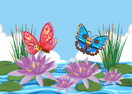 Two vibrant butterflies above blooming water liliesのイラスト素材