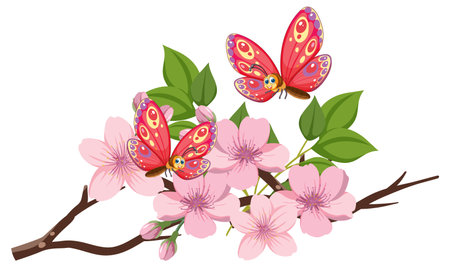Two vibrant butterflies on pink cherry blossomsのイラスト素材