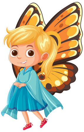 Blonde child dressed as a colorful butterflyのイラスト素材