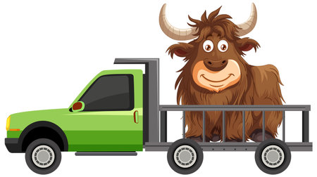 Cartoon yak riding in a flatbed truckのイラスト素材
