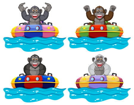 Four gorillas having fun in colorful bumper boatsのイラスト素材